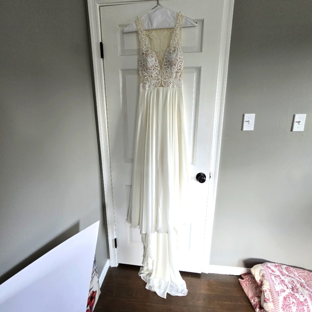 Tara Keely lace applique sheer ivory chiffon flowy wedding dress sz Small 2/4 - Picture 4 of 16